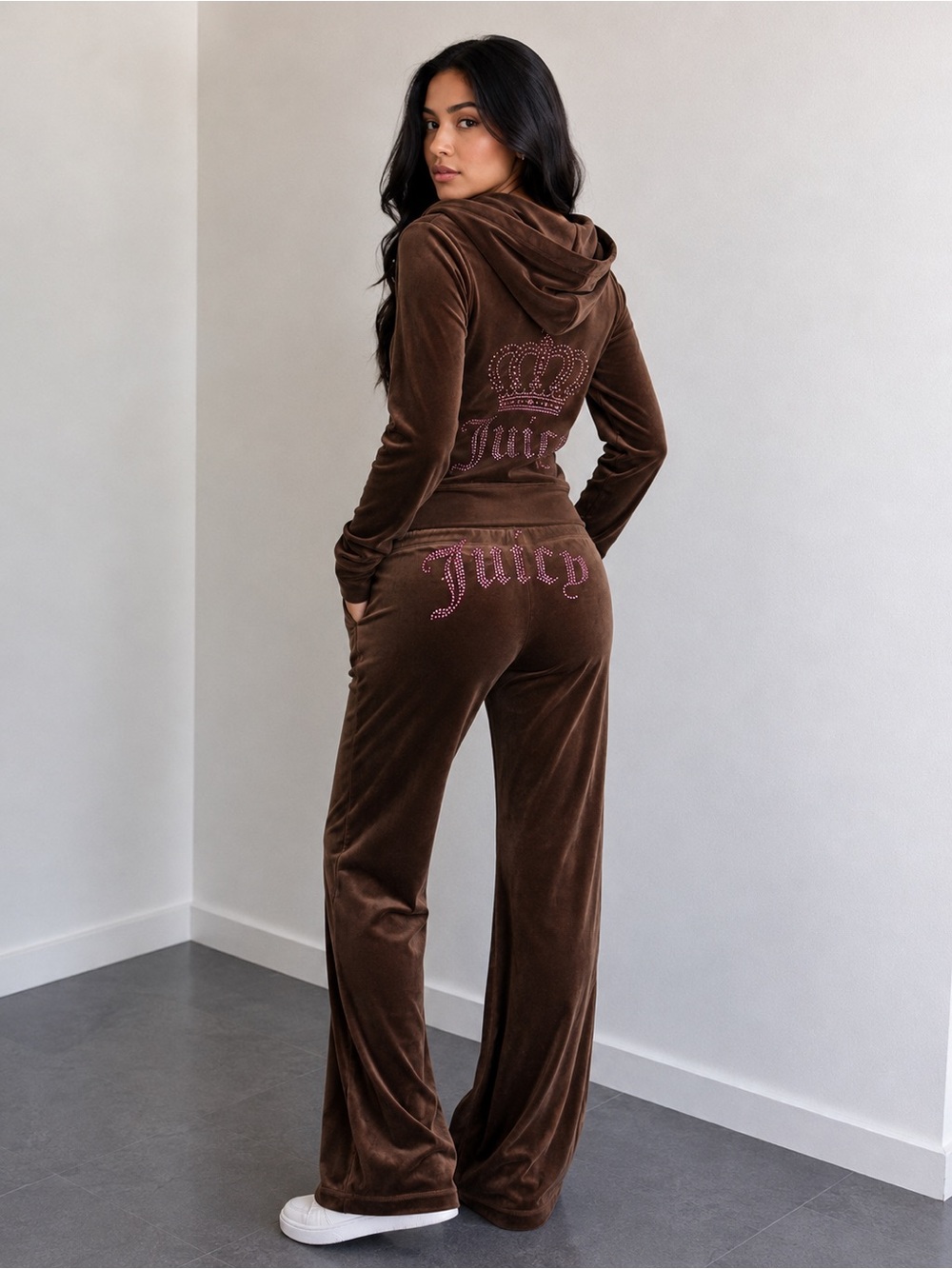 Juicy Couture Brown Velour Pants with Pink Rhinestone Logo